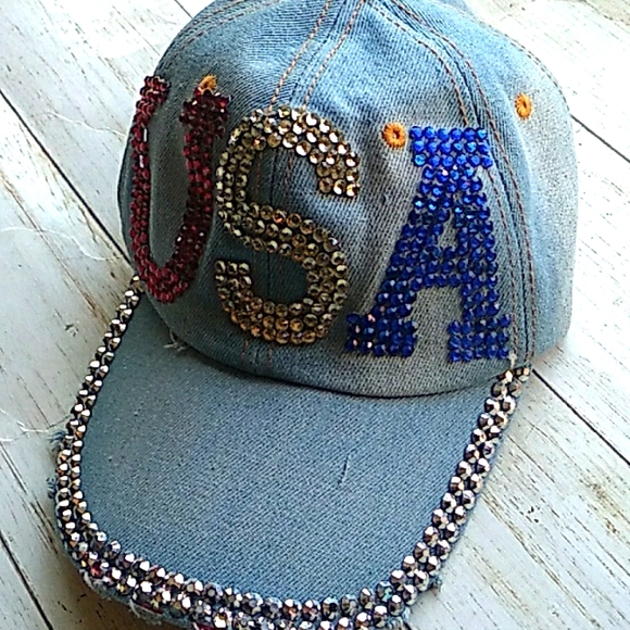 Bling Denim Jean USA American Flag Women’s New Baseball Cap Adjustable Hat - Picture 1 of 5
